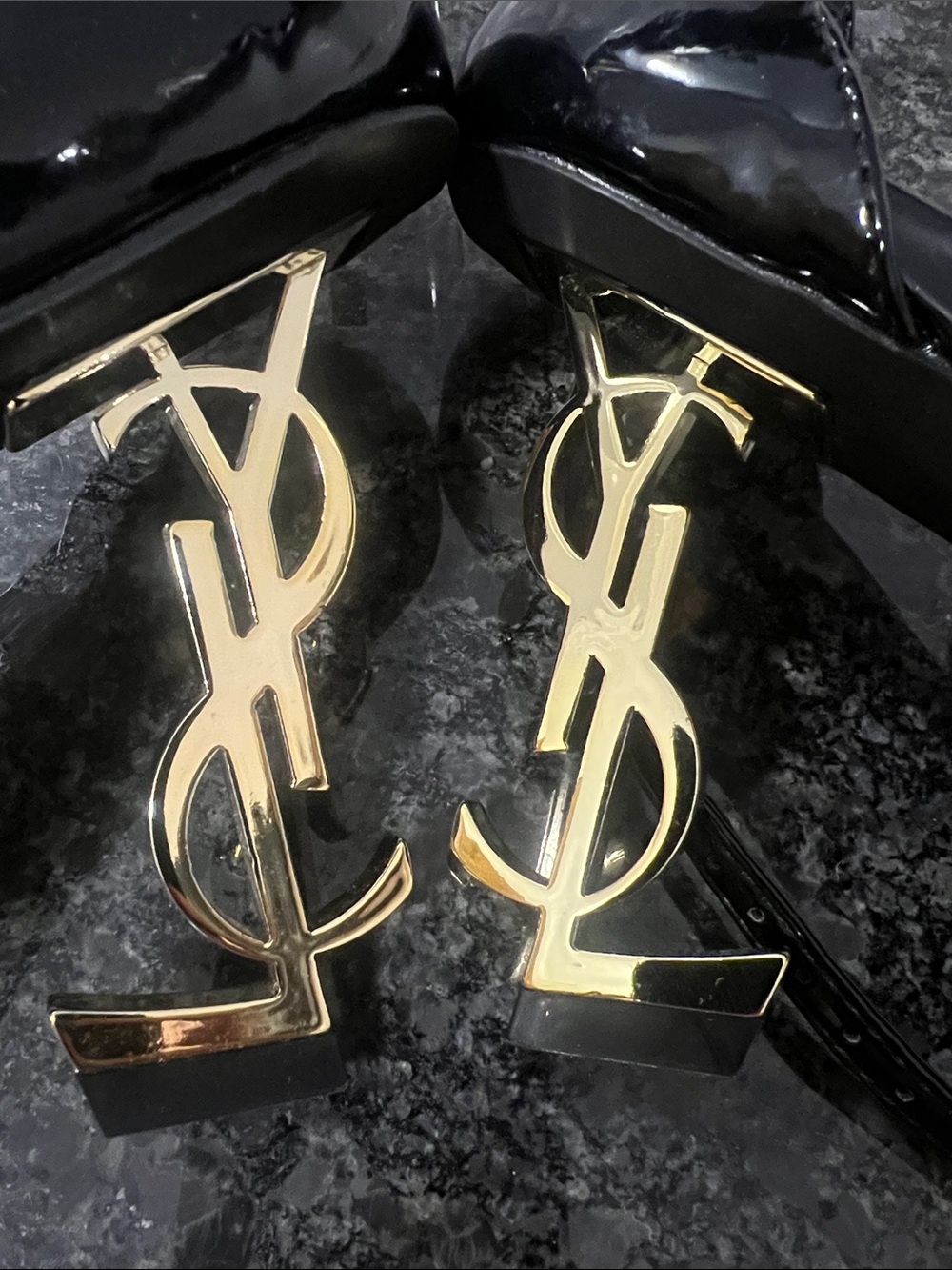 Saint Laurent Black Patent Leather Sandals with Gold YSL Logo Heel - Picture 5 of 6